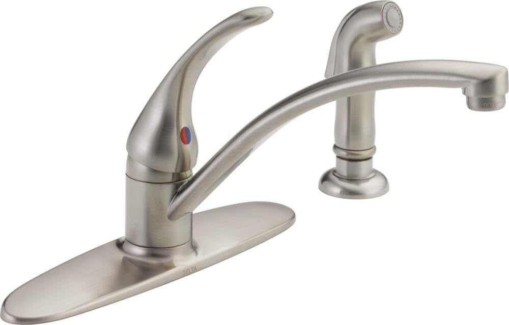 Delta Foundations brushed nickel kitchen faucet front view showing modern design and durable build for daily use.