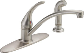 Delta Foundations brushed nickel kitchen faucet front view showing modern design and durable build for daily use.