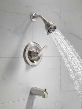 Brushed nickel Delta Foundations shower head highlighting a durable finish.