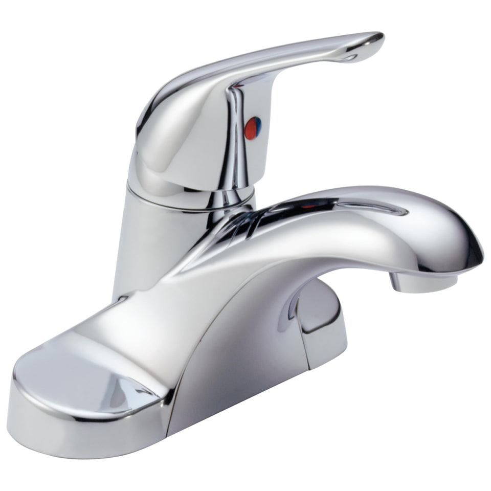 Delta Foundations Centerset chrome faucet front view for easy daily use on a modern vanity.