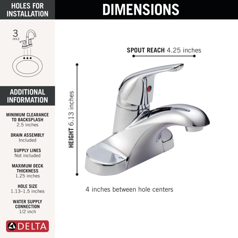Delta Foundations Centerset chrome faucet mounting hardware ready for quick installation.