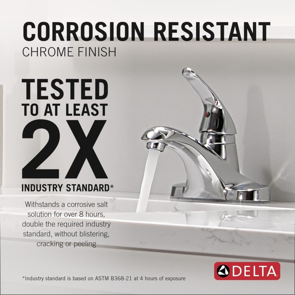 Delta Foundations Centerset chrome faucet side view showing compact centerset design.