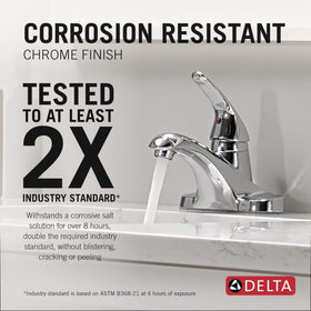 Delta Foundations Centerset chrome faucet side view showing compact centerset design.
