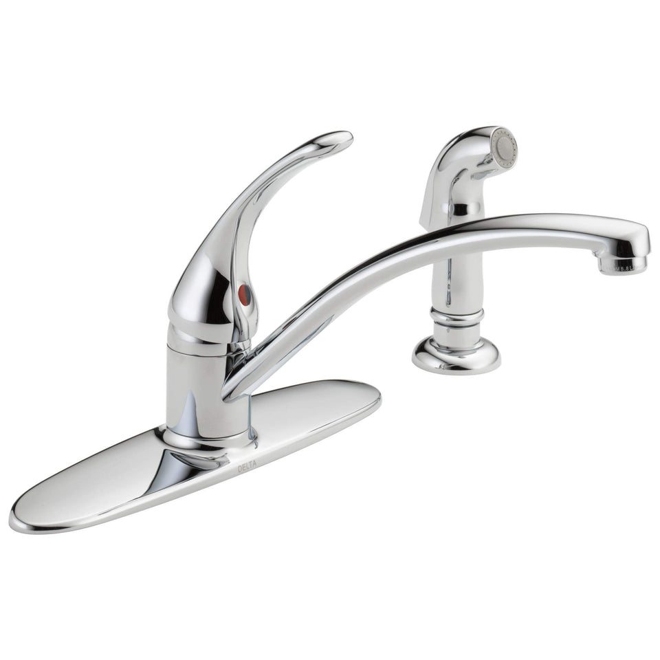Delta Foundations chrome kitchen faucet front view showing timeless design and single-handle control