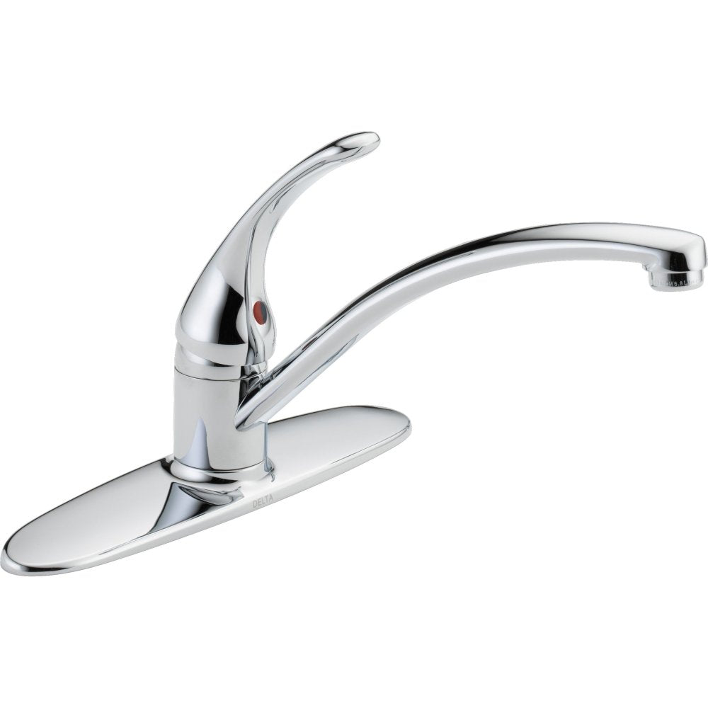 Delta Foundations chrome kitchen faucet with sleek finish for modern, easy-clean surfaces