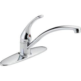 Delta Foundations chrome kitchen faucet with sleek finish for modern, easy-clean surfaces