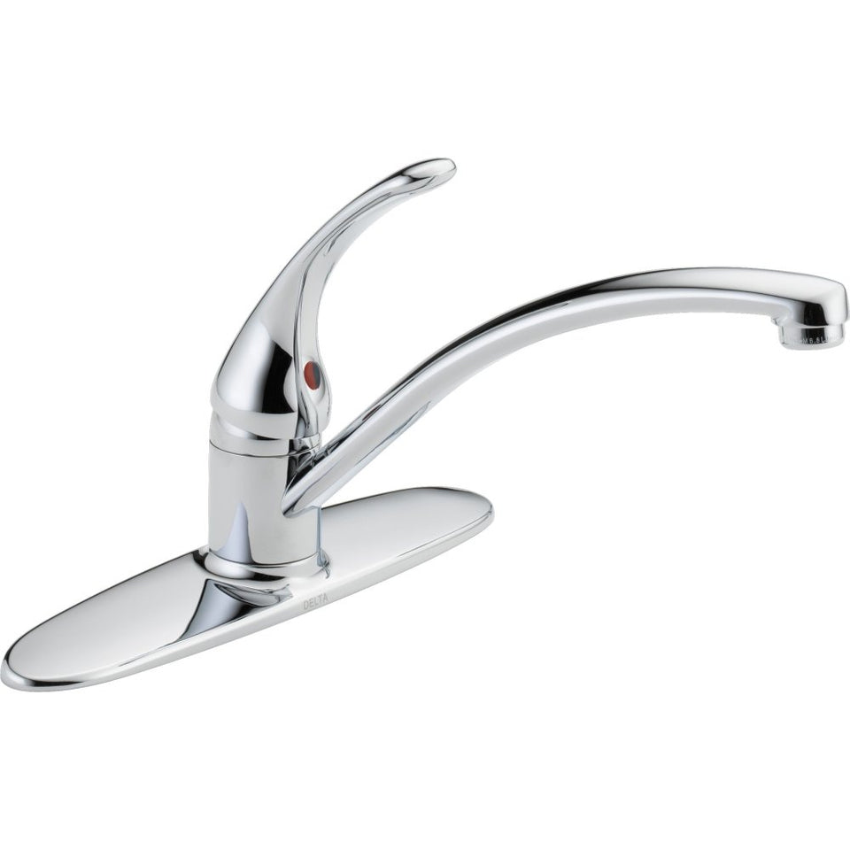 Delta Foundations chrome kitchen faucet with sleek finish for modern, easy-clean surfaces