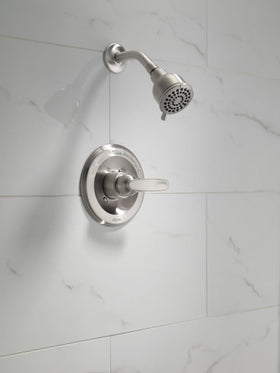 Delta Monitor pressure-balanced valve in chrome maintains a steady shower temperature.