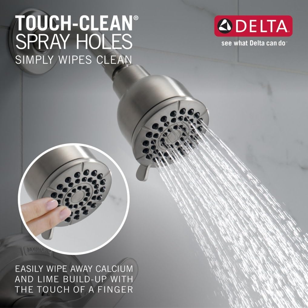 Delta Foundations single-spray shower head in chrome for focused showering and maintenance.