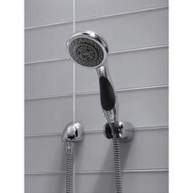 Delta handheld shower assembly highlights quick, reliable installation.