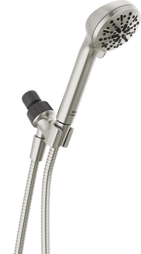 Delta handheld shower head with four spray patterns in brushed nickel for versatile cleansing.