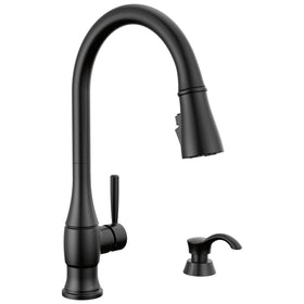 Delta Hazelwood matte black faucet front view highlights modern design and durability.
