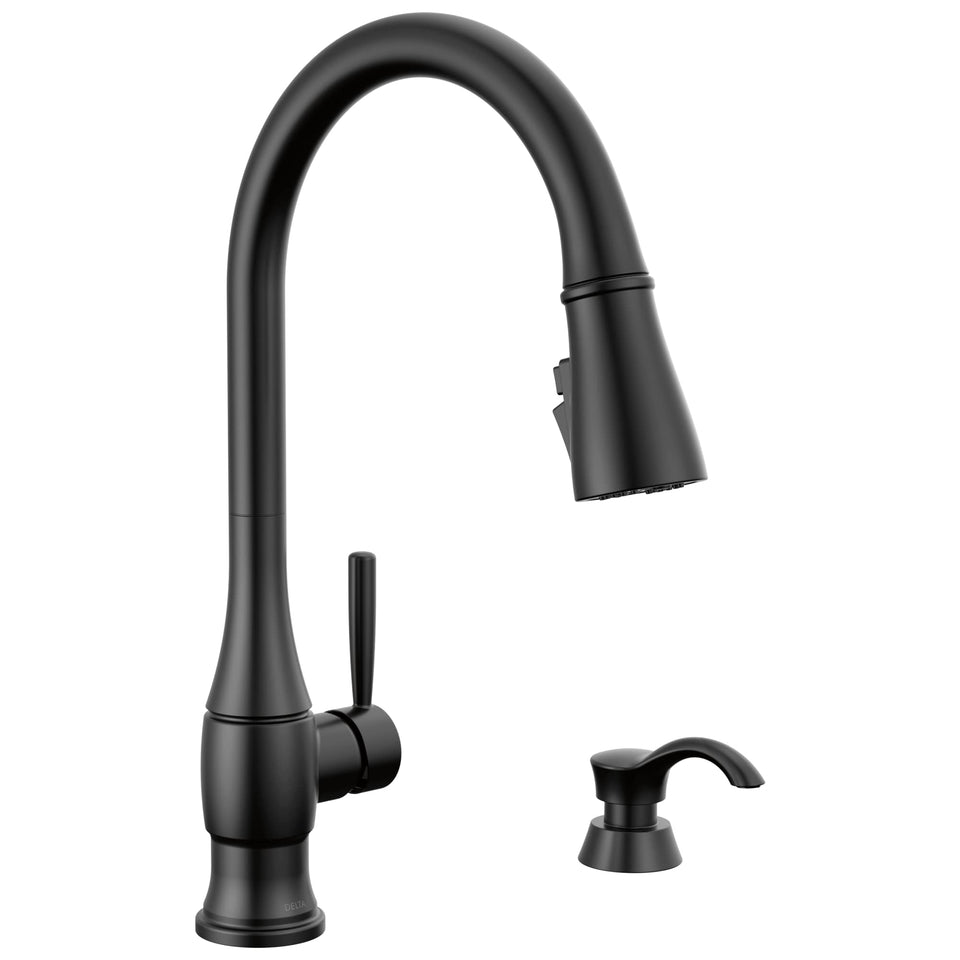 Delta Hazelwood matte black faucet front view highlights modern design and durability.