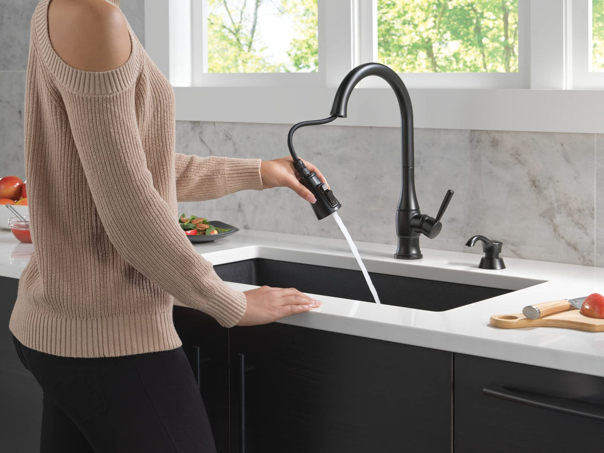 Delta Hazelwood pull-down sprayer docked neatly demonstrates convenient spray access.