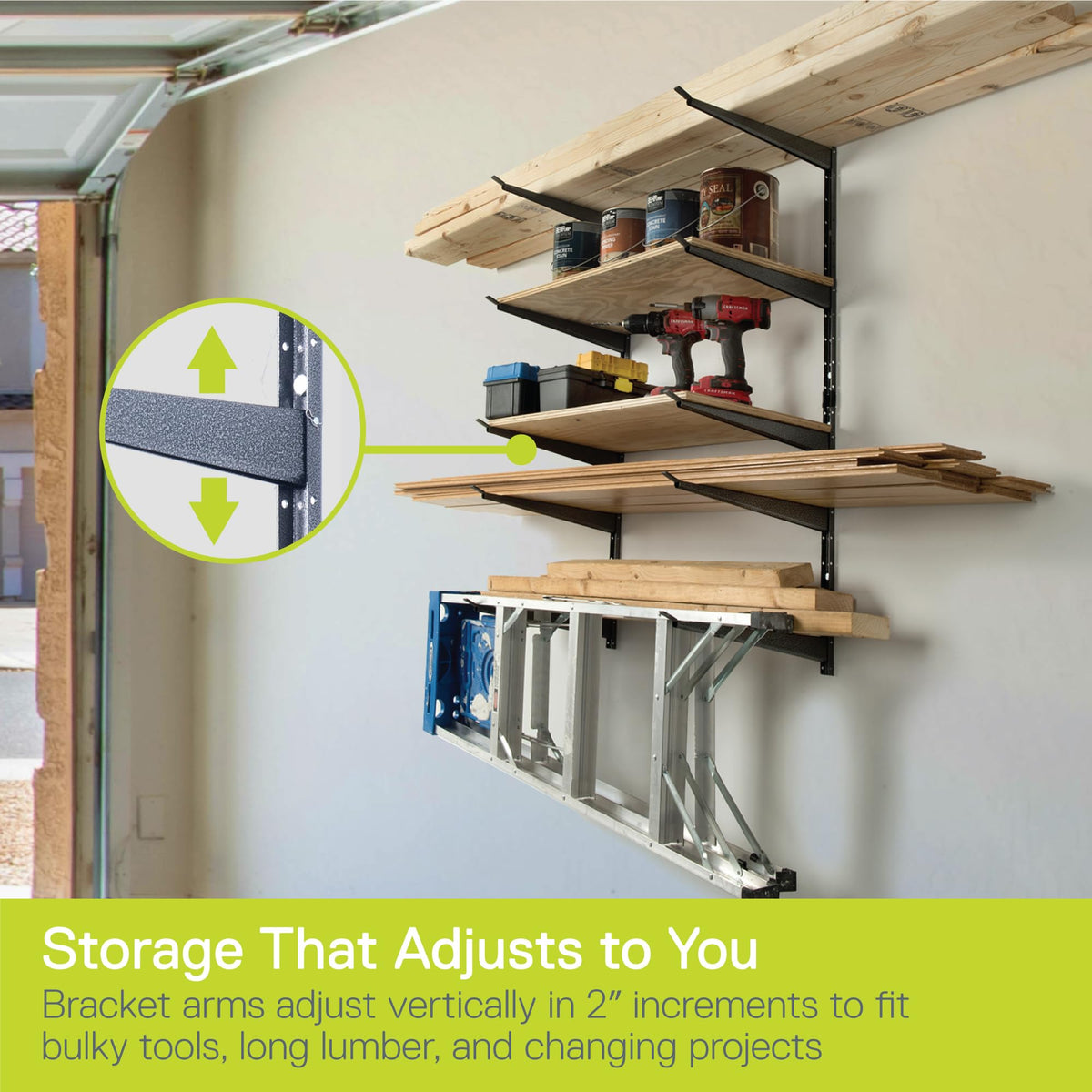 Delta rack arms adjust at 2-inch intervals for flexible organization