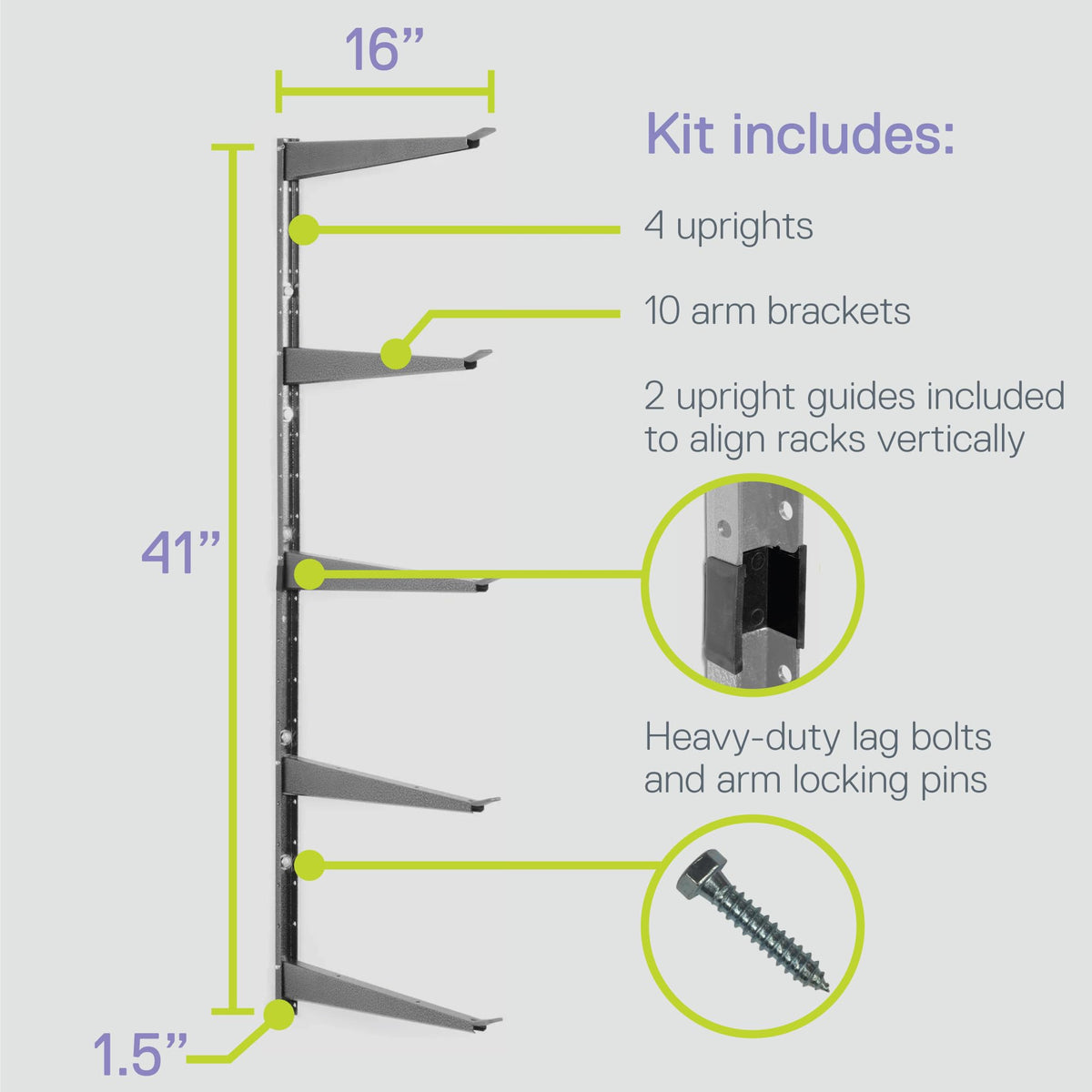 Delta rack dimensions show 41 in. H, 32 in. W, 16 in. D for compact storage