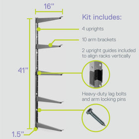 Delta rack dimensions show 41 in. H, 32 in. W, 16 in. D for compact storage