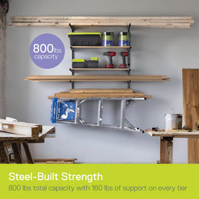 Delta lumber storage rack installation view with lag bolts and pins for secure assembly