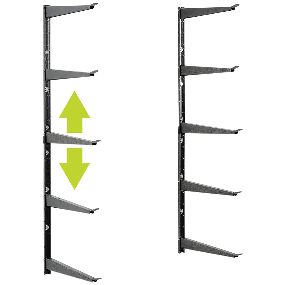 Delta heavy-duty lumber storage rack side view showing sturdy frame and wall mounting