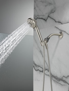 Delta 60-inch hose in brushed nickel provides extended reach during showers.