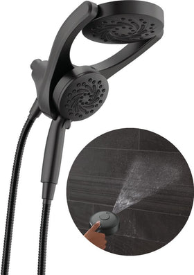 Delta HydroRain 2-in-1 shower head in matte black, versatile overhead and handheld use.