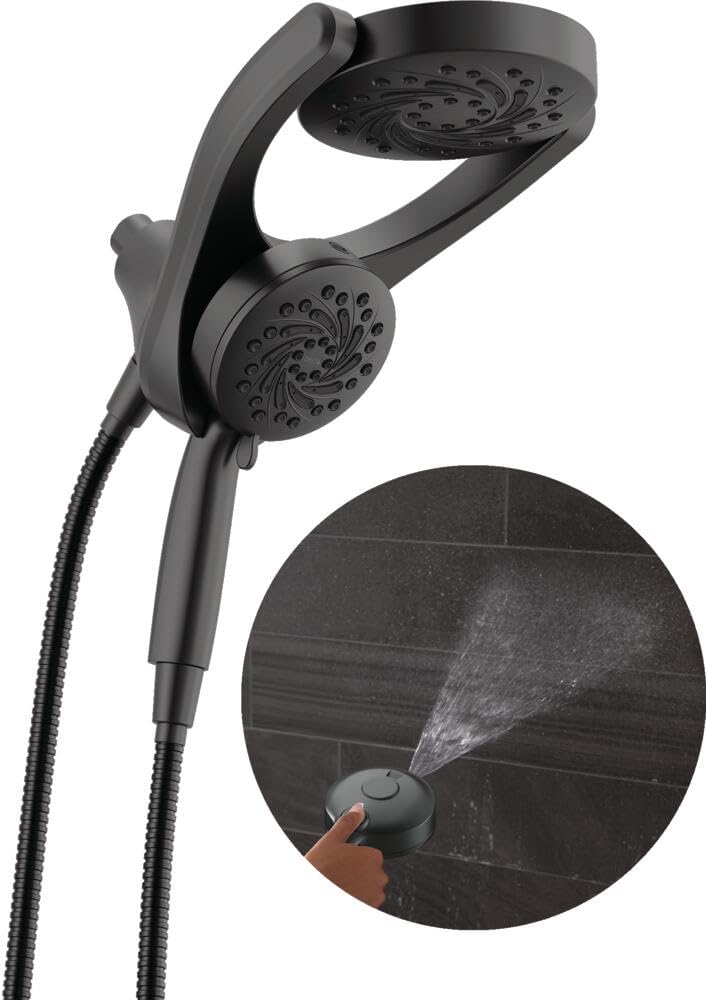 Delta HydroRain 2-in-1 shower head in matte black, versatile overhead and handheld use.