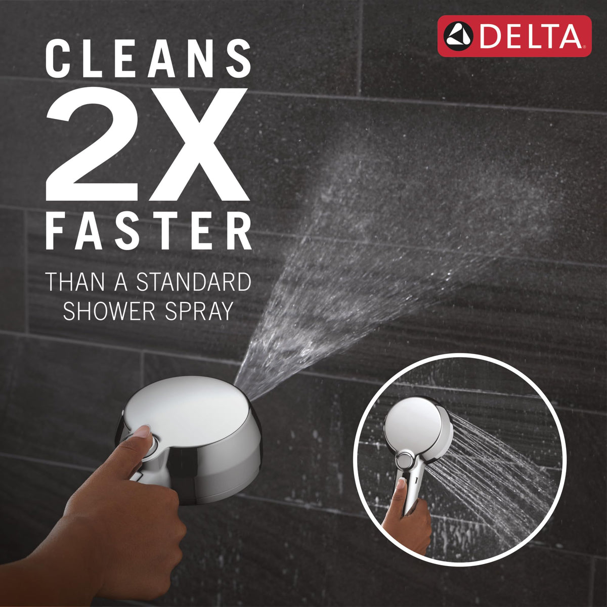 Delta hand shower docking magnet keeps handheld securely in place.