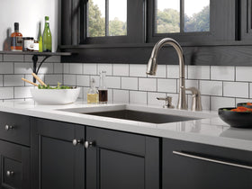 Delta Kate brushed nickel pull-down sprayer shown in action for sink tasks