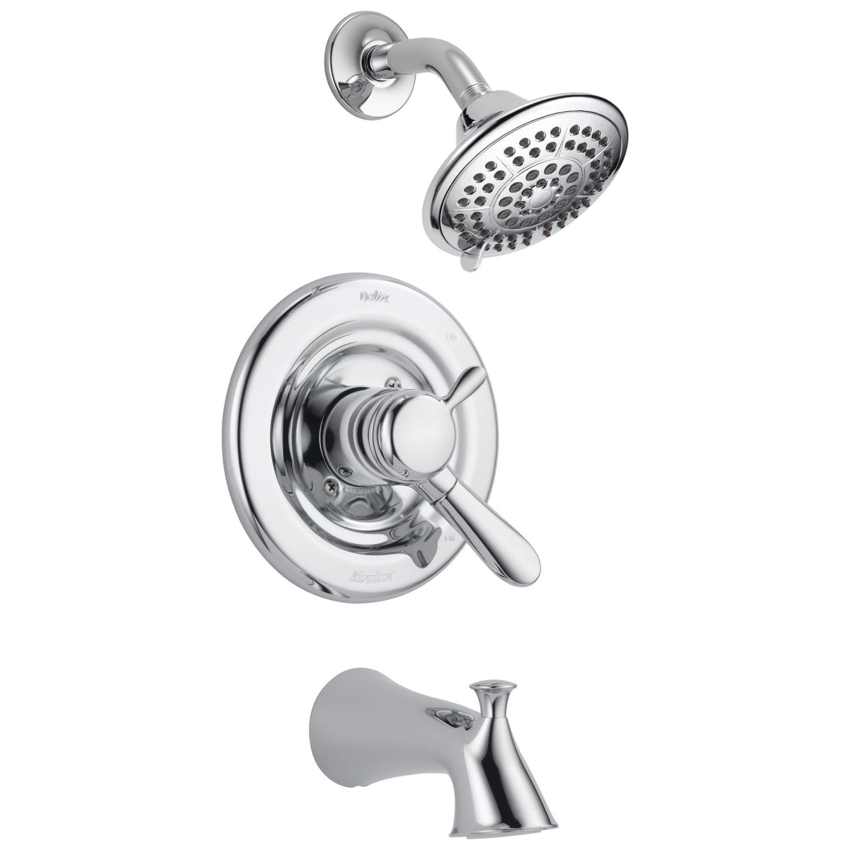 Delta Lahara 17 Series chrome tub and shower trim showcases modern lines and reliable temperature control.