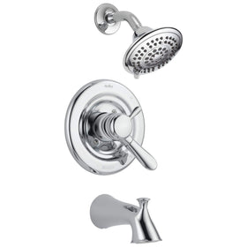 Delta Lahara 17 Series chrome tub and shower trim showcases modern lines and reliable temperature control.