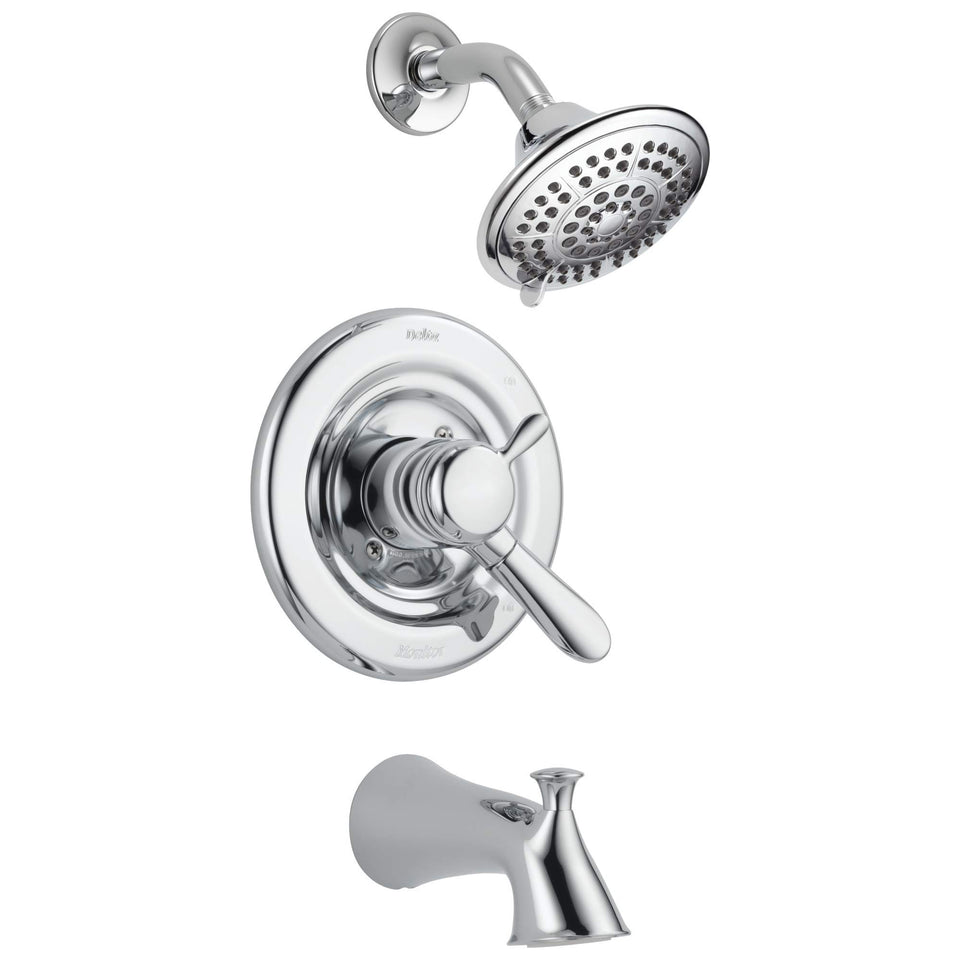 Delta Lahara 17 Series chrome tub and shower trim showcases modern lines and reliable temperature control.