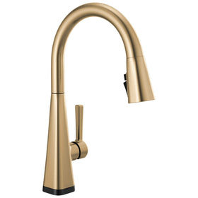 Delta Lenta brushed gold faucet with modern single hole design for easy installation