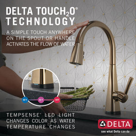 Delta Lenta brushed gold faucet spout shown for precise water flow
