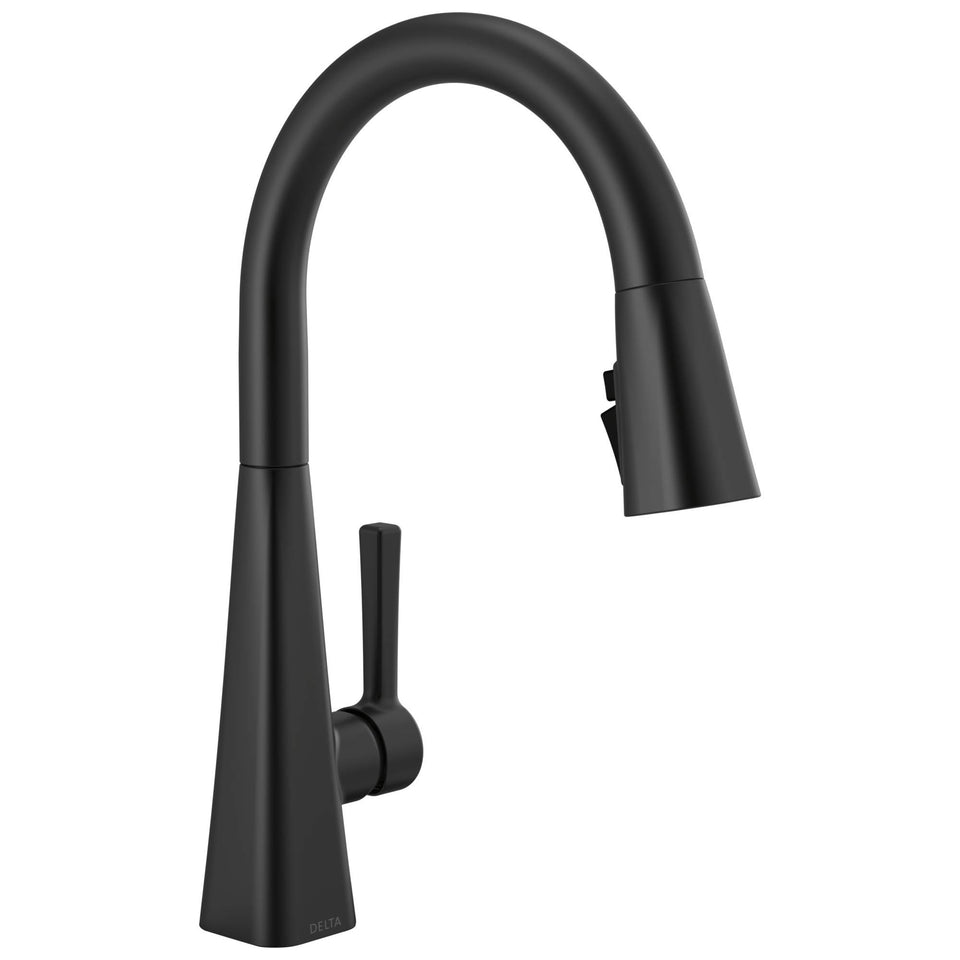 Delta Lenta matte black faucet with pull-down sprayer for easy kitchen cleanup