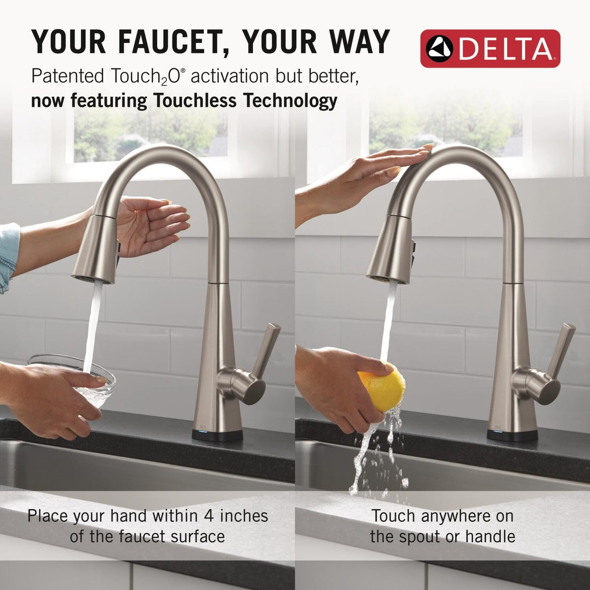 Delta Lenta single-hole installation option with deck plate included.