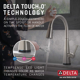 Delta Lenta touch kitchen faucet spout activation, seamless flow control.