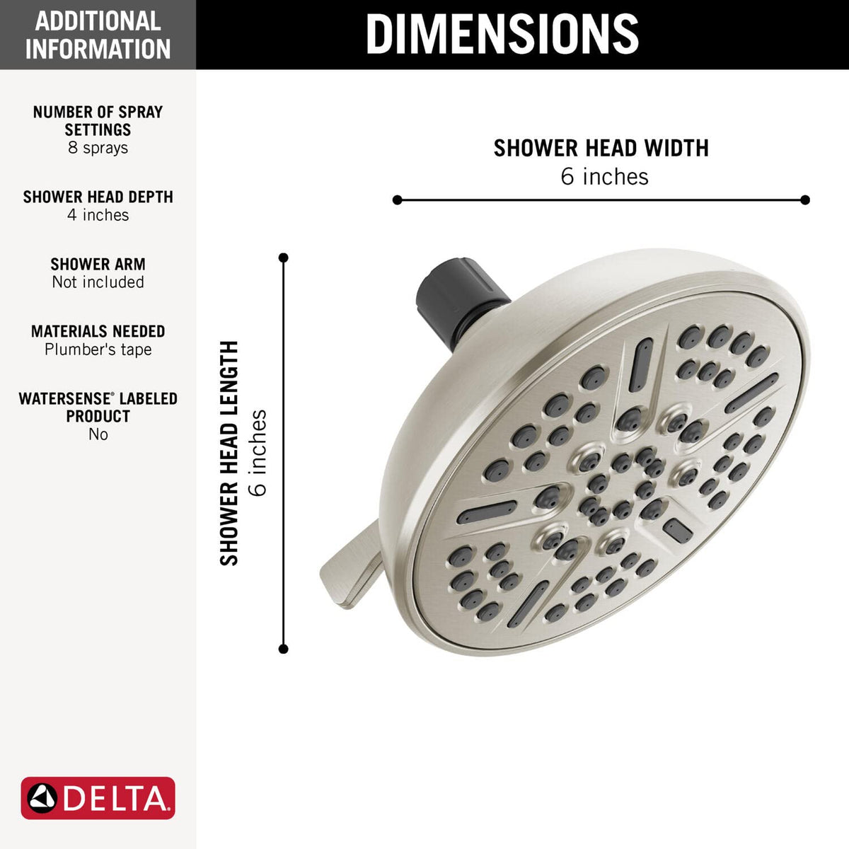 Delta 75898CSN eight-spray massaging option for muscle relief in a shower.
