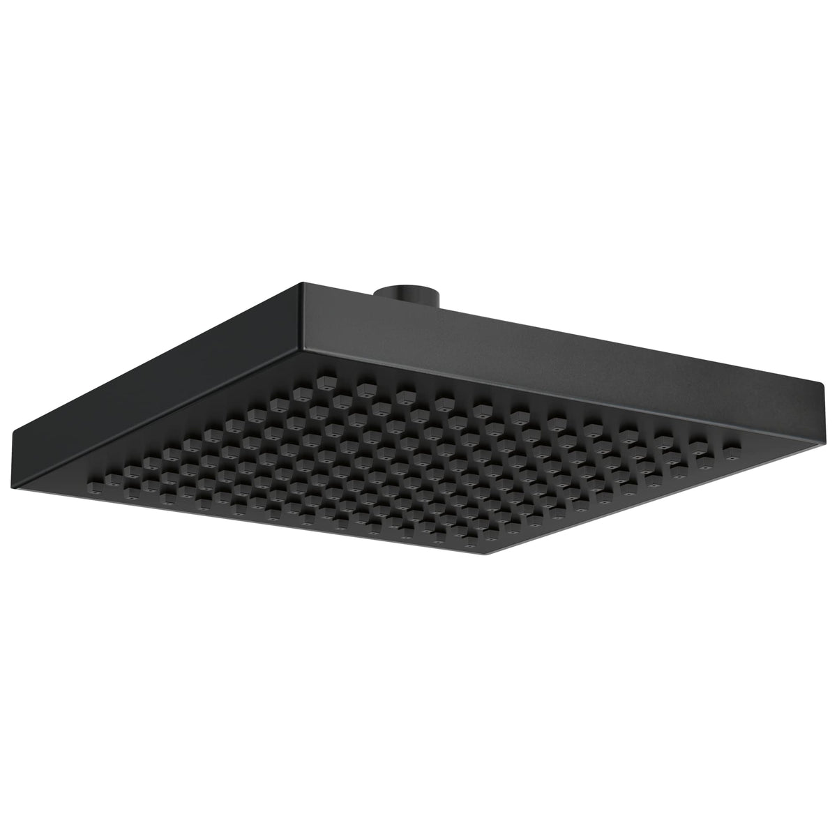 Delta matte black 8-inch square rain showerhead delivers immersive rainfall.