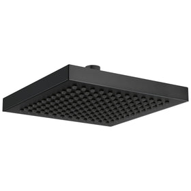 Delta matte black 8-inch square rain showerhead delivers immersive rainfall.