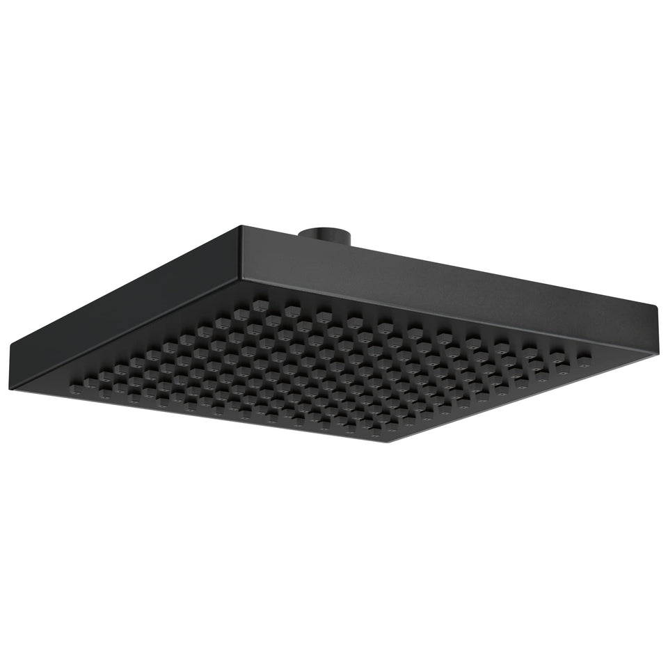 Delta matte black 8-inch square rain showerhead delivers immersive rainfall.
