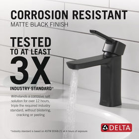 Delta Matte Black Faucet with deck plate for flexible 1- or 3-hole installation.