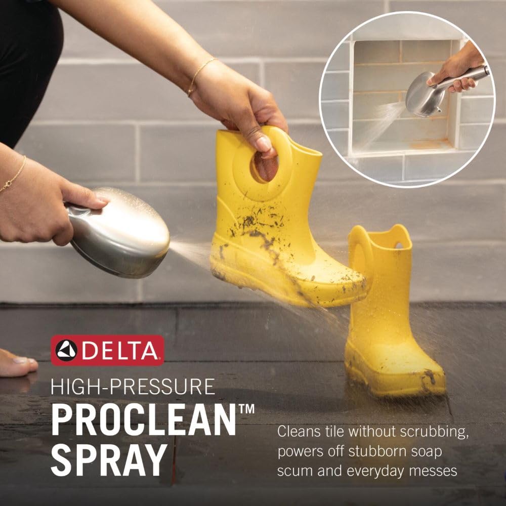 Delta matte black shower head closeup highlights durable corrosion-resistant finish.