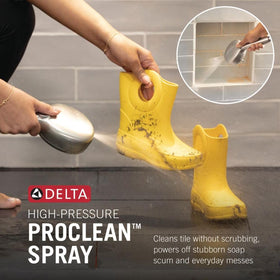 Delta matte black shower head closeup highlights durable corrosion-resistant finish.