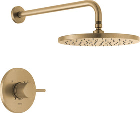 Delta Modern 14 rain shower head in brushed gold for a spa-like shower experience.