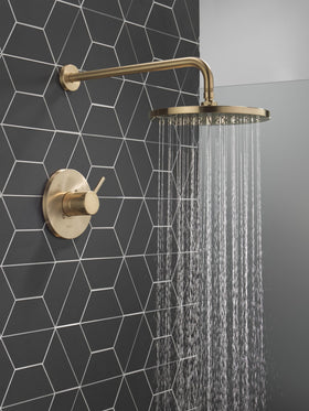 Delta Modern 14 round shower handle in brushed gold for precise control.