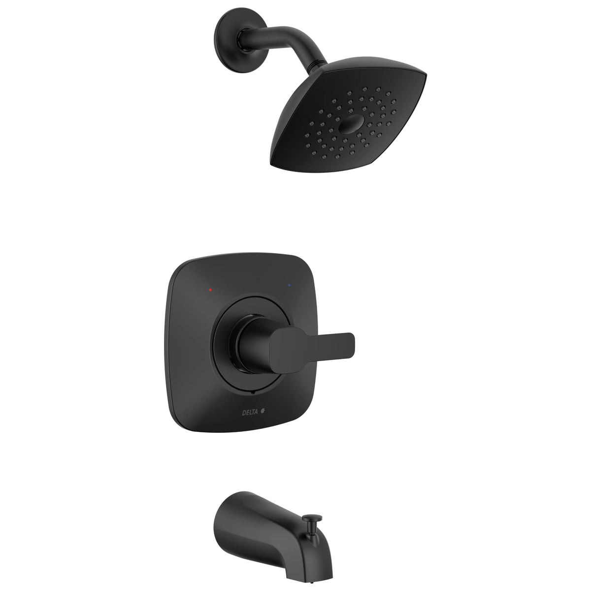 Delta Modern 14 Series matte black shower head showing even water spray.