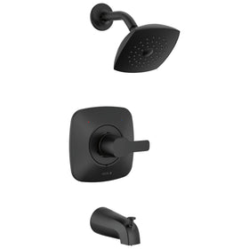 Delta Modern 14 Series matte black shower head showing even water spray.