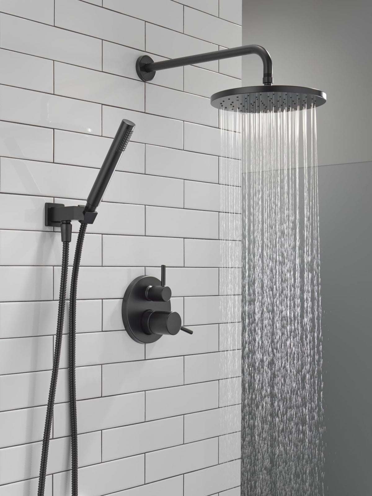 Delta Modern 14 Series shower arm with matte black finish for a sleek look.