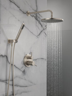 Delta Modern 14 Series shower arm provides steady water reach for a full-body rinse.