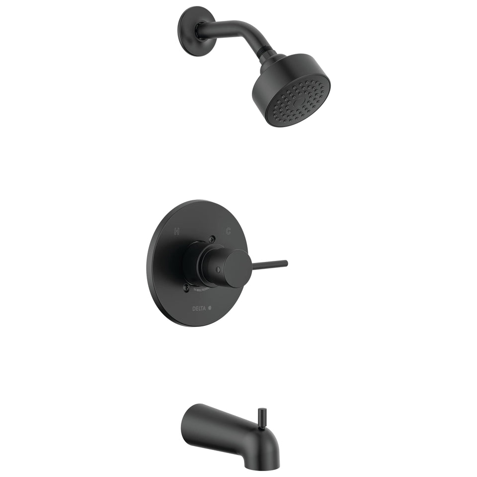 Delta Modern 14 Series matte black shower head with steady spray for a bold bath statement
